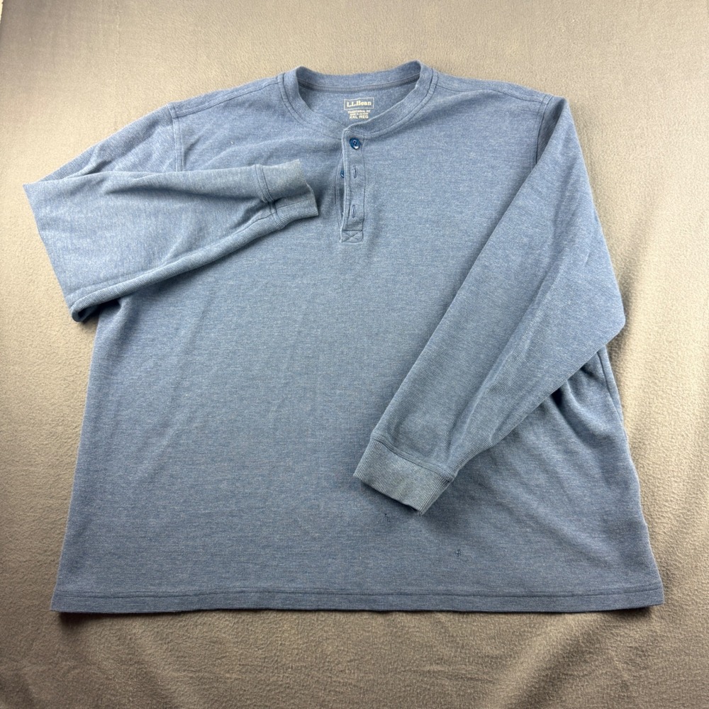 LL Bean Henley Shirt Men's 2XL Blue Traditional Fit Waffle Knit Long Sleeve - Picture 2 of 9